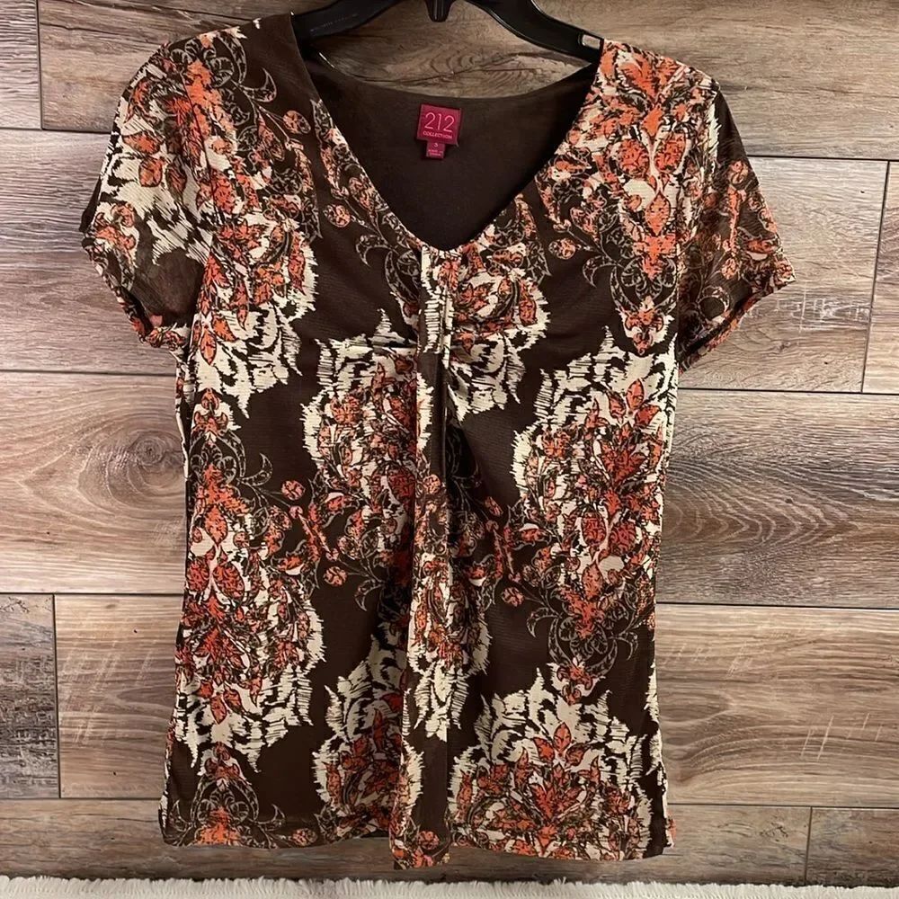 212 Collection Vneck Floral Blouse, Ladies Size Small, Brown